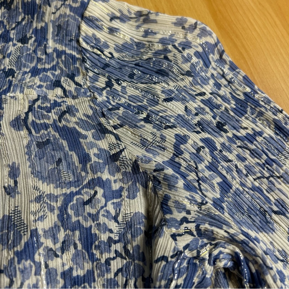 Sezane Amelia Blue and White Floral V Neck Faux Wrap Blouse - Picture 11 of 13